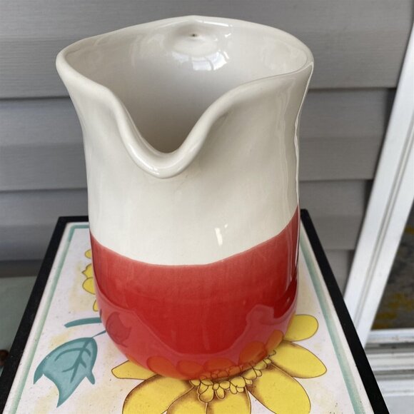 Earthenware Pitcher Made in Portugal Red and White Farmhouse Cottage Country - Picture 6 of 10